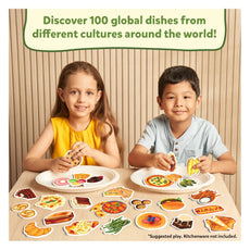 Children playing with realistic food stickers from 100 Most Real Play Foods for pretend play