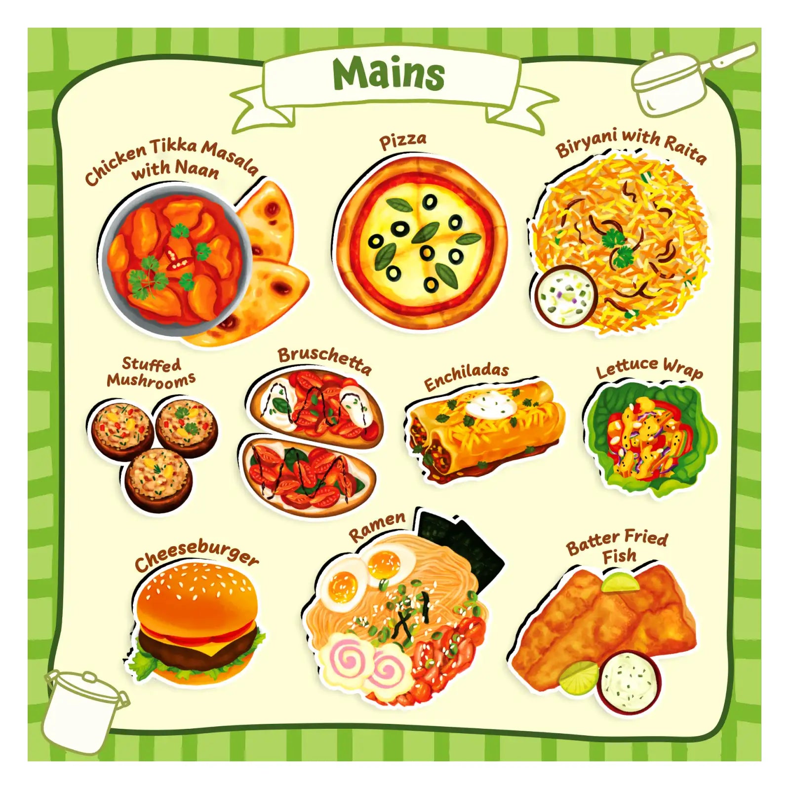 Menu of main dishes from 100 Most Real Play Foods for realistic pretend play