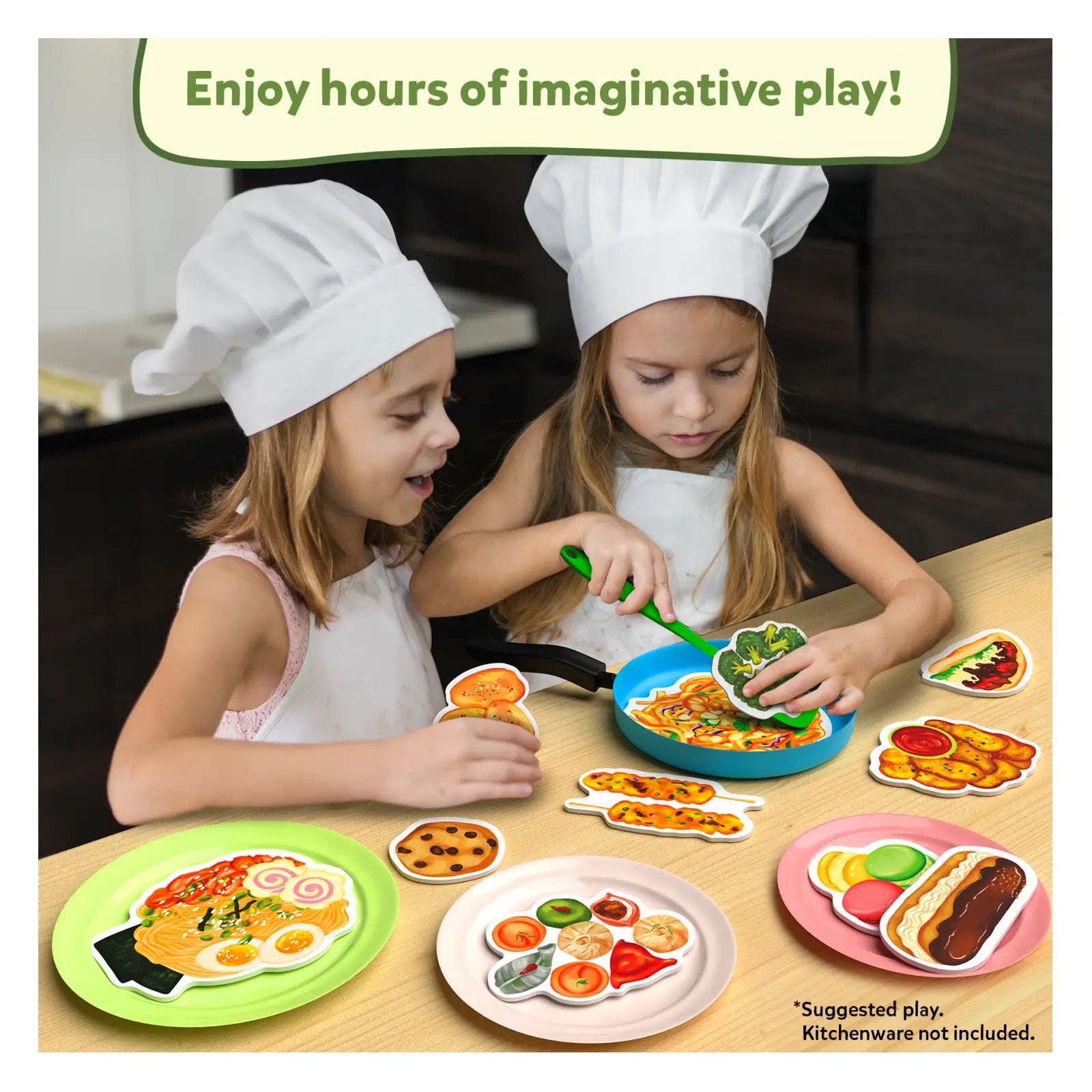 Children’s play kitchen set with realistic pretend food for ages 3 and up