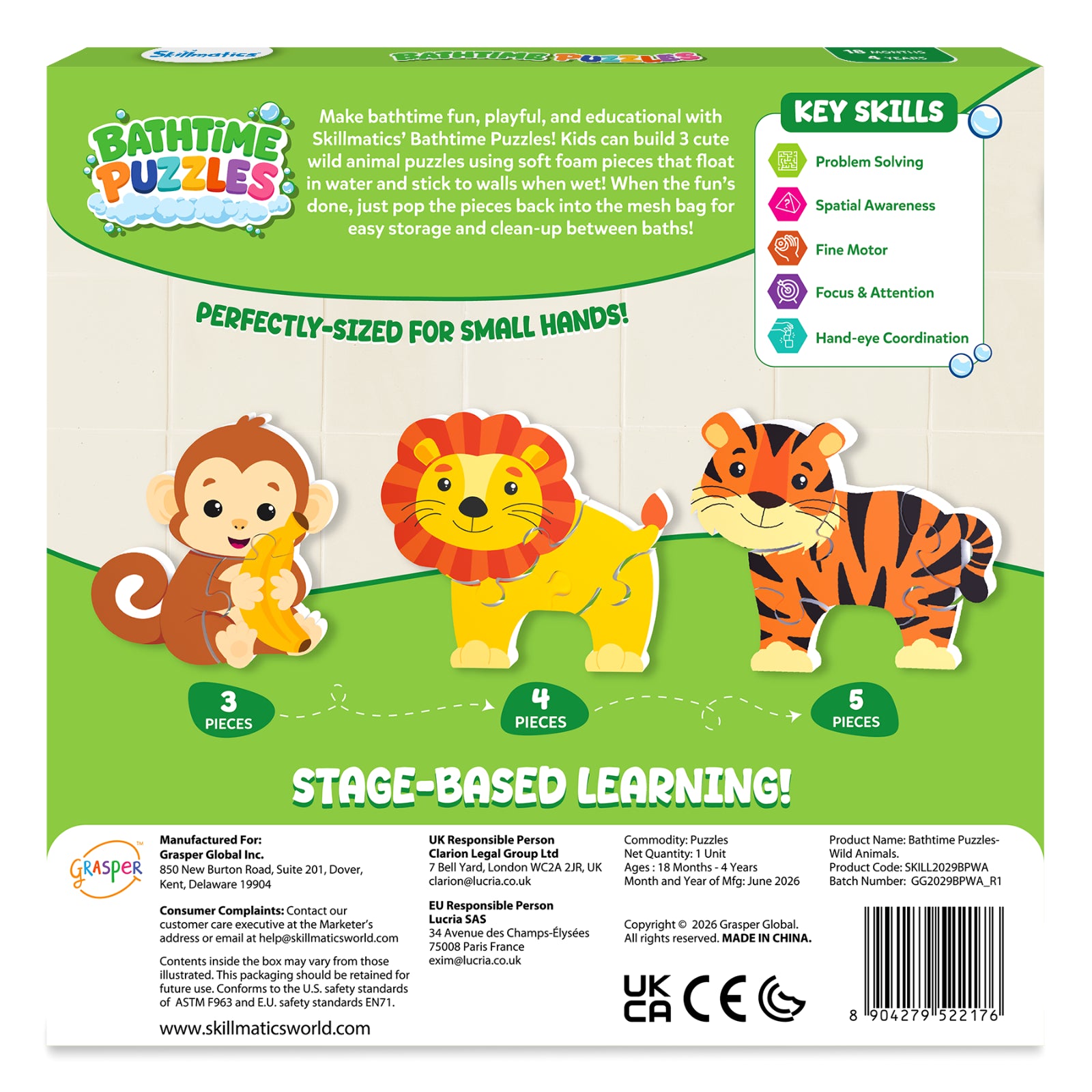 Back panel of the Skillmatics Bathtime Puzzles Wild Animals box featuring monkey, lion, and tiger foam puzzles with 3-, 4-, and 5-piece progression for stage-based learning. Includes product description, key skills, manufacturer details, safety certifications, barcode, and recommended age of 18 months–4 years.