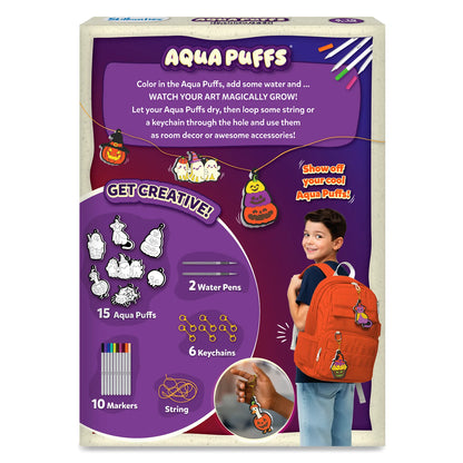 Back of the Skillmatics Aqua Puffs Halloween box with instructions, a string garland of puffed pumpkin and ghost ornaments, a Get Creative list of 15 puffs, 10 markers, 2 water pens, 6 keychains and string, and a boy with Aqua Puffs keychains on his backpack. Text: Show off your cool Aqua Puffs.