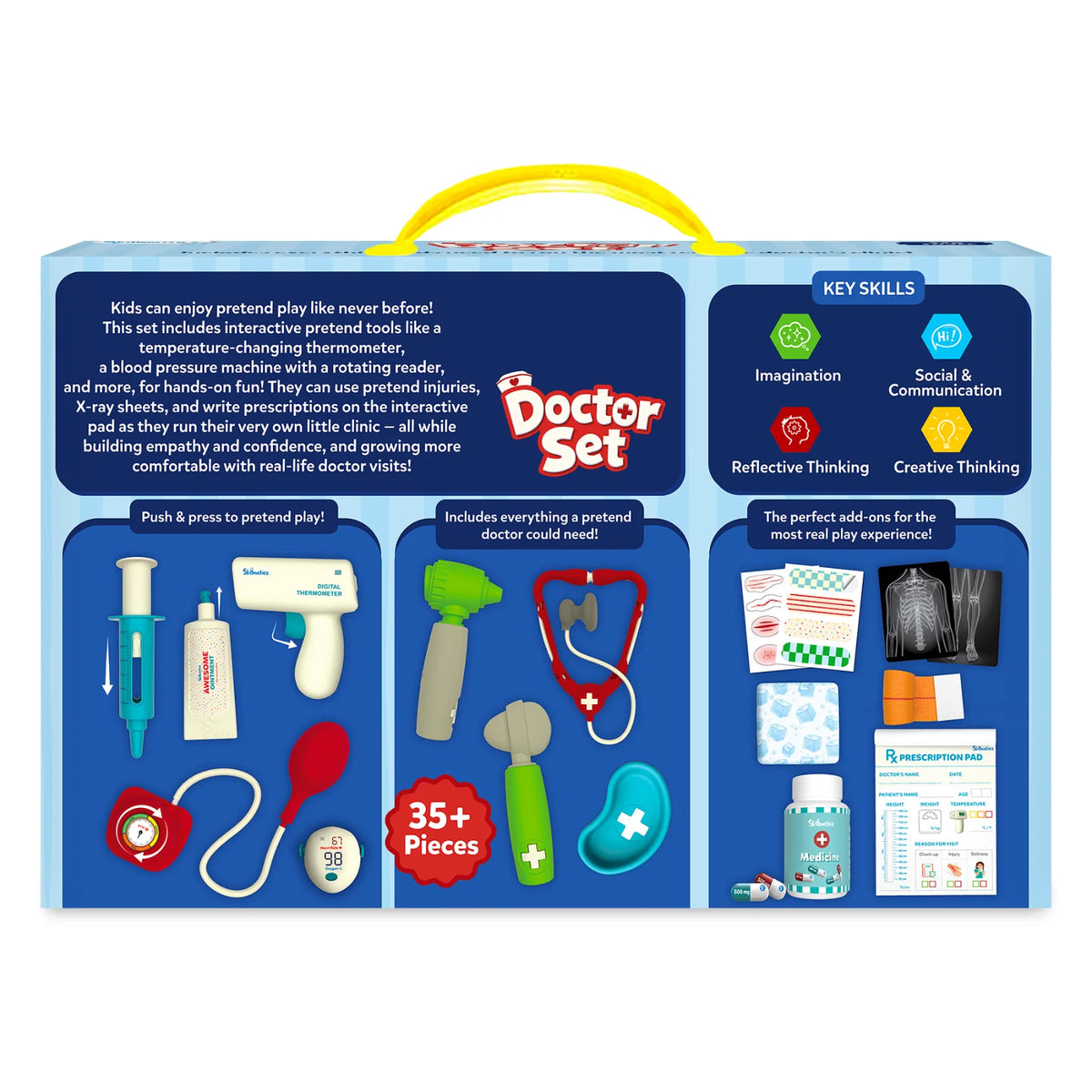 Back view of the Skillmatics Doctor Set packaging showcasing key skills including imagination, communication, reflective thinking, and creativity. The layout features product details, close-ups of medical accessories, a child role-playing as a doctor, and information about the included interactive tools.