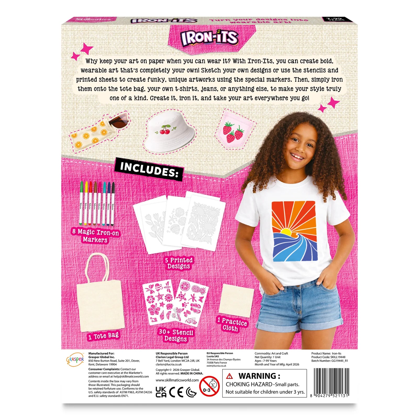 Skillmatics Iron-Its box back panel. Smiling girl wears white tee with colorful sunset iron-on print. Kit includes 8 iron-on markers, 5 printed designs, canvas tote bag, 30-plus stencil designs, and practice cloth. Inset images show orange-print pouch, cherry bucket hat, and strawberry fabric patch.