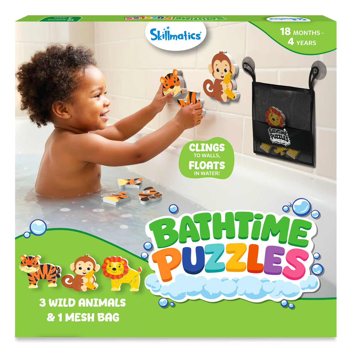Skillmatics Bathtime Puzzles product box showing a toddler playing with foam wild animal puzzles in a bathtub. The monkey, lion, and tiger puzzles cling to the tiled wall, with extra pieces floating in water. Packaging highlights 3 wild animals, mesh storage bag included, ages 18 months to 4 years, and puzzles that cling to walls and float in water.