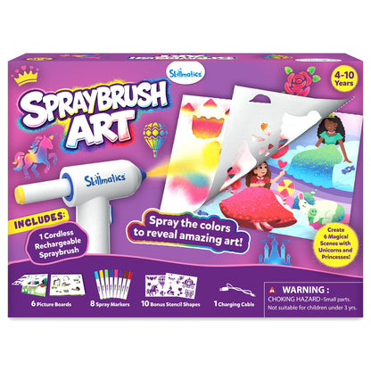 Skillmatics Spraybrush Art kit for ages 4–10 featuring a cordless rechargeable spraybrush, six picture boards, eight spray markers, ten bonus stencil shapes and a charging cable. The purple box showcases colourful unicorn and princess artwork with a mess-free creative play theme.