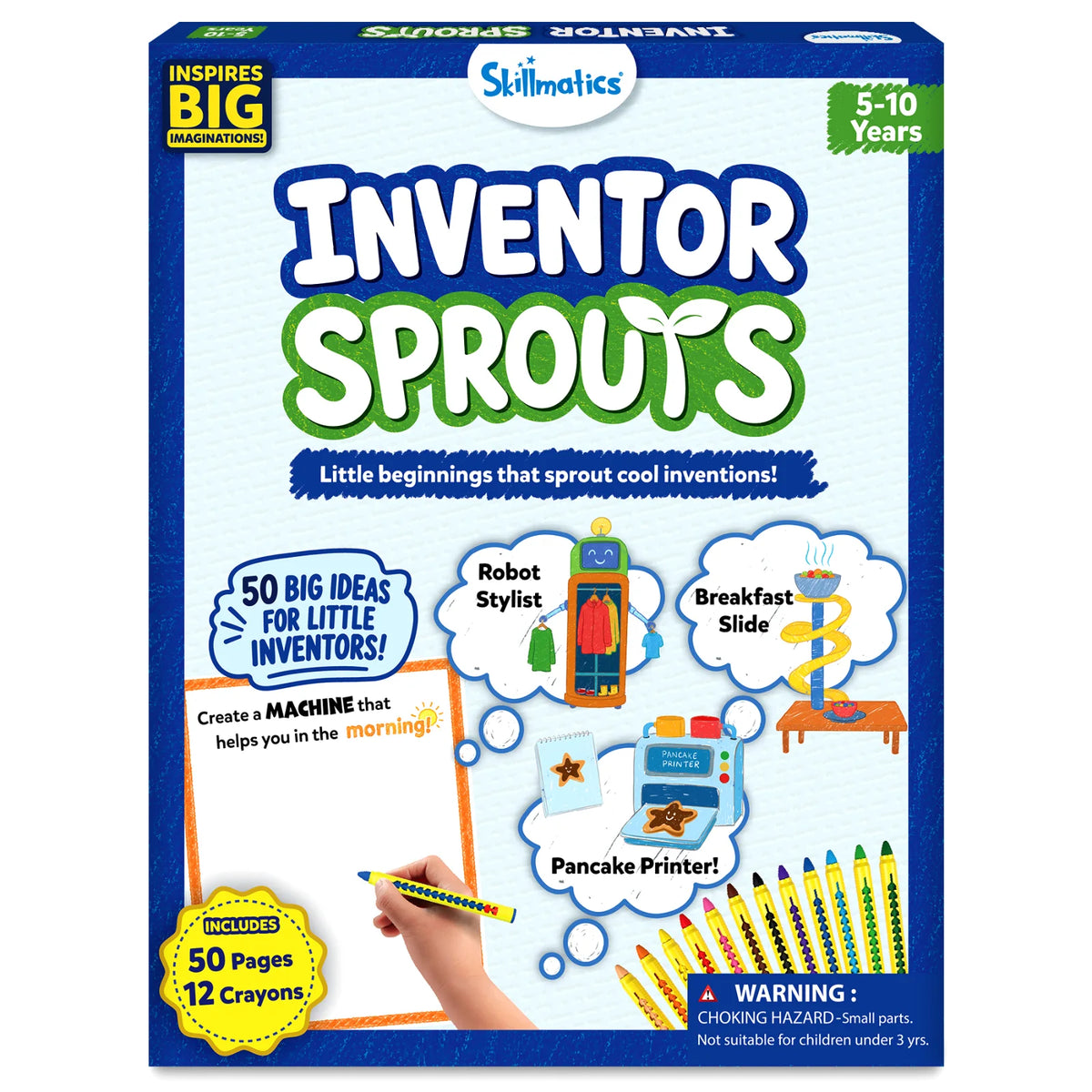 Skillmatics Inventor Sprouts activity book for ages 5–10 featuring 50 invention challenges and 12 retractable crayons. The cover shows prompts to invent helpful machines, playful examples including a robot stylist, breakfast slide and pancake printer, plus a large drawing area for kids.