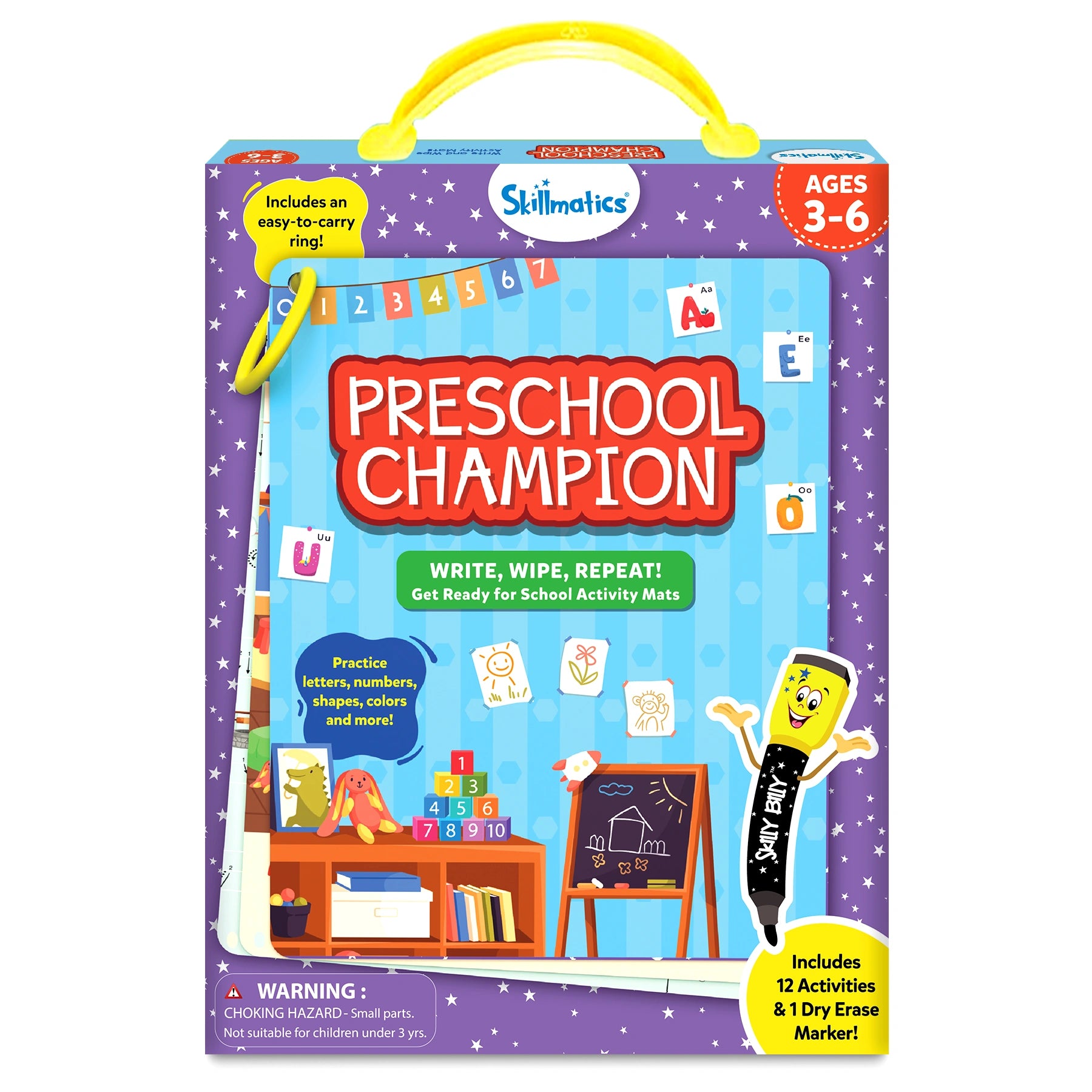 Front packaging of Skillmatics Preschool Champion, a write-and-wipe activity kit for ages 3–6. The box highlights activities for practicing letters, numbers, shapes, and colors, and includes 12 activities with a dry erase marker. Features a colorful classroom theme with illustrations.