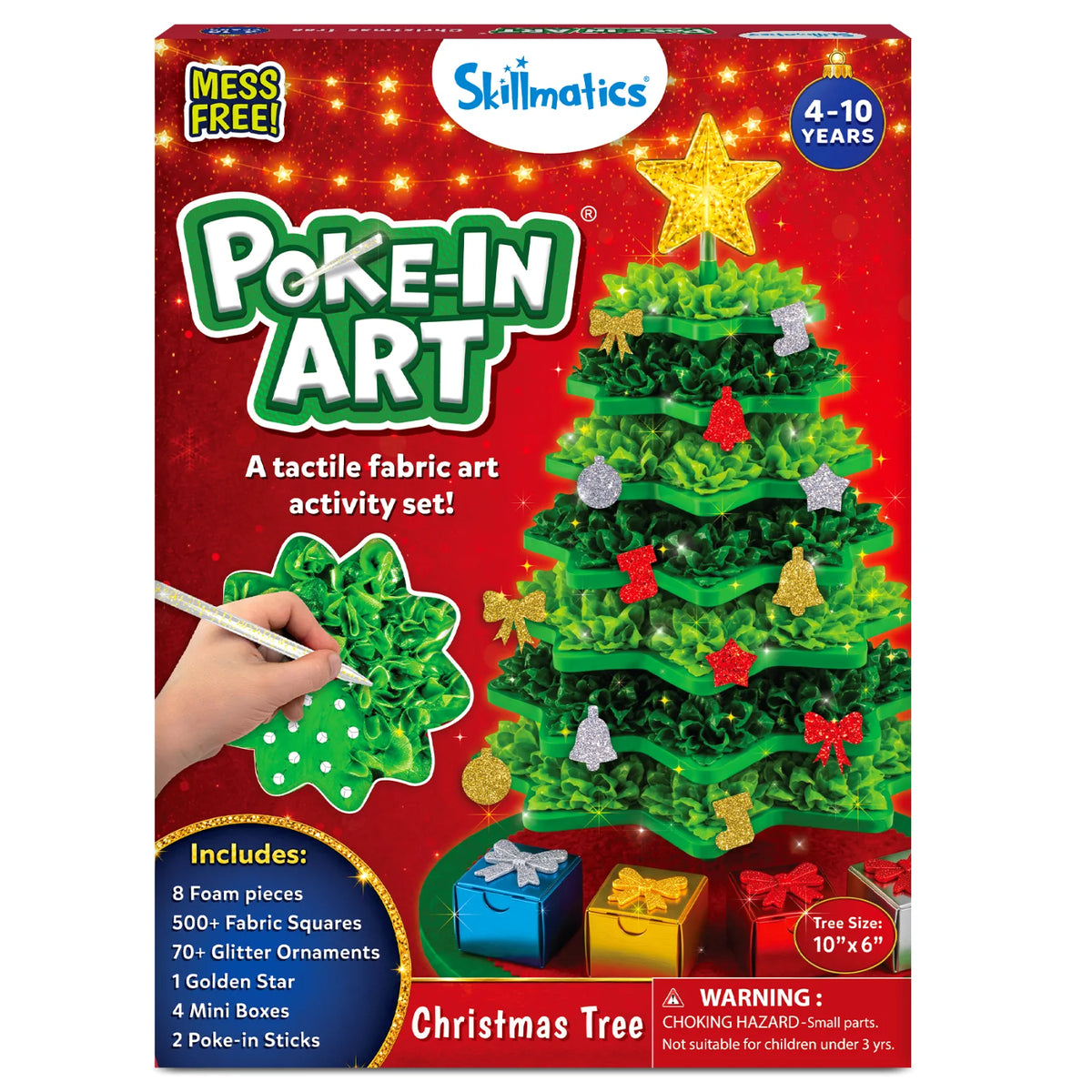 Skillmatics Poke-In Art Christmas Tree activity set box showing a decorated green fabric Christmas tree with glitter ornaments and star topper. Packaging highlights mess-free tactile fabric art, ages 4–10, 8 foam pieces, 500+ fabric squares, 70+ glitter ornaments, mini gift boxes and poke-in sticks.