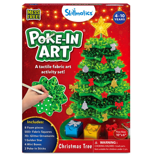 Skillmatics Poke-In Art Christmas Tree activity set box showing a decorated green fabric Christmas tree with glitter ornaments and star topper. Packaging highlights mess-free tactile fabric art, ages 4–10, 8 foam pieces, 500+ fabric squares, 70+ glitter ornaments, mini gift boxes and poke-in sticks.