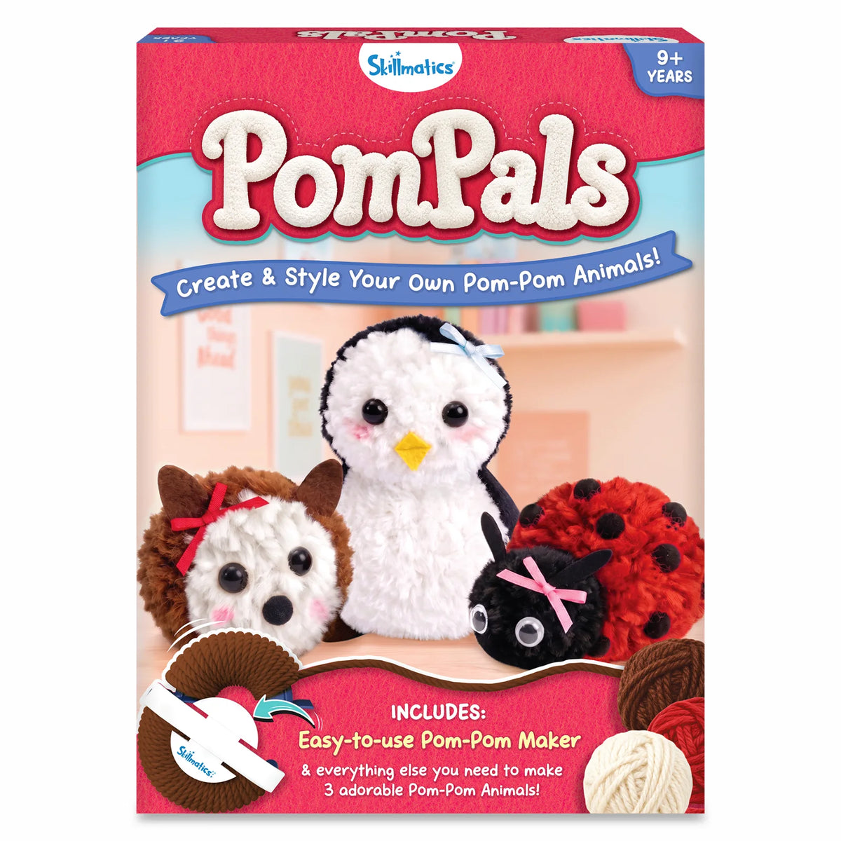 Skillmatics PomPals craft kit packaging for ages 9+, featuring three finished yarn animals: a hedgehog, penguin and ladybug. The box highlights the pom-pom maker and includes yarn, with text explaining that children can create and style their own pom-pom animals.