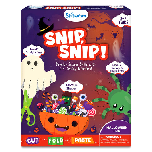 Skillmatics Snip, Snip! Halloween Fun activity box for ages 3 to 7 with a ghost marked Level 1 straight lines, a spider marked Level 2 curved and zigzag lines, a candy bowl marked Level 3 shapes and green safety scissors. Text: Develop scissor skills with fun, crafty activities. Cut, Fold, Paste.