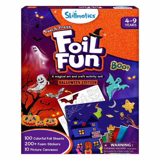 Skillmatics Foil Fun Halloween Edition craft kit for ages 4–9 features glittery orange and purple packaging with ghosts, bats, pumpkins, spiderwebs, and a haunted house. The box highlights 100 colorful foil sheets, 200+ foam stickers, and 10 picture canvases.