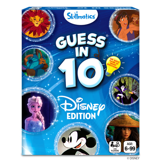 Guess in 10 Disney Edition game box for ages 6+ featuring Disney-themed trivia cards
