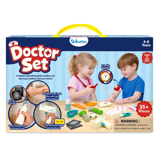Front view of the Skillmatics Doctor Set for ages 3-8 featuring a realistic pretend play medical kit with over 35 pieces. Visible through the display window are a stethoscope, syringe, thermometer, pulse oximeter, medicine bottle, blood pressure monitor, bandages, injury stickers, and X-ray sheets.