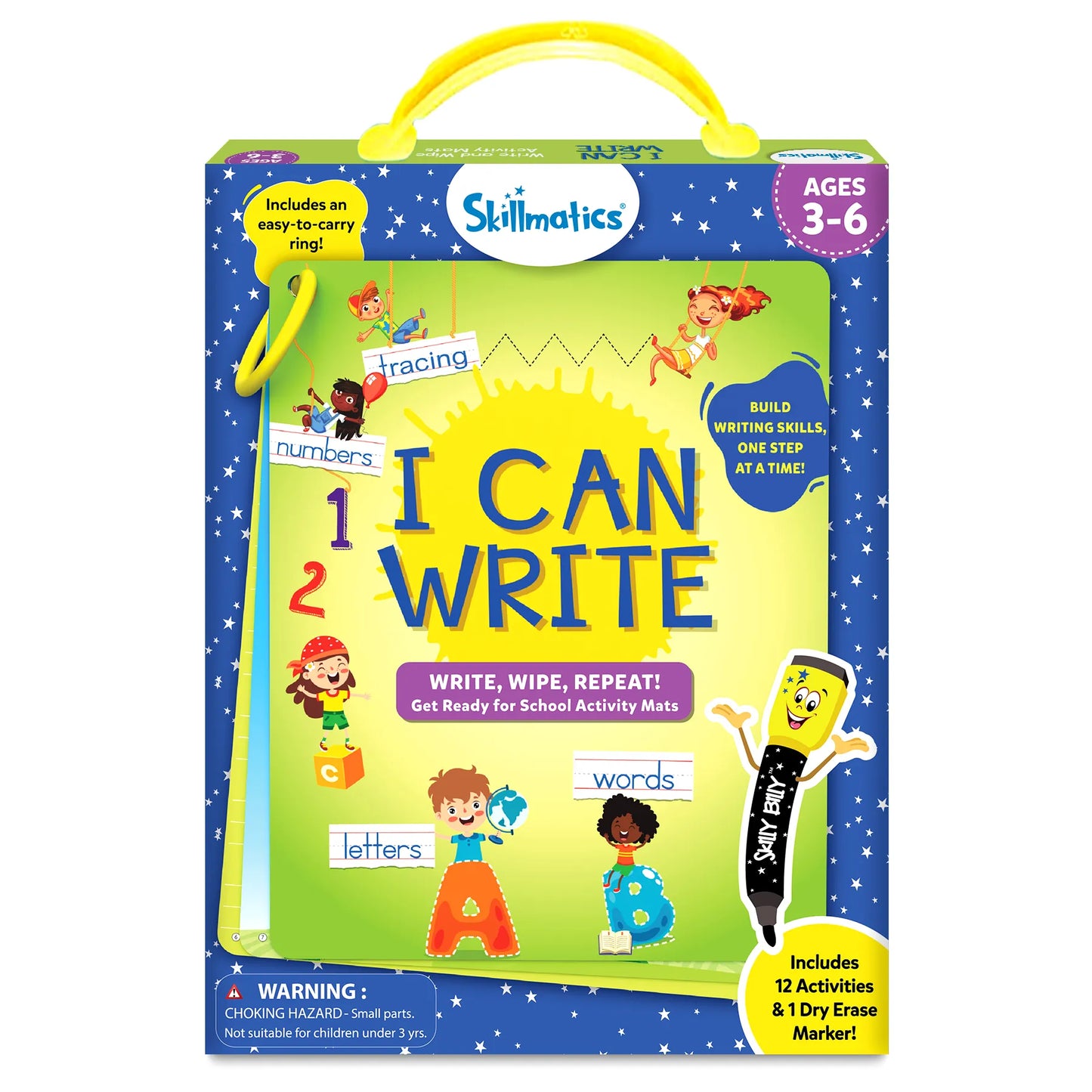 Skillmatics I Can Write activity kit packaging for ages 3–6. The box highlights “Write, Wipe, Repeat!” with 12 fun activities using double-sided mats. Includes dry-erase marker, duster cloth, and carry ring. Colorful design features kids tracing numbers, letters, and words.