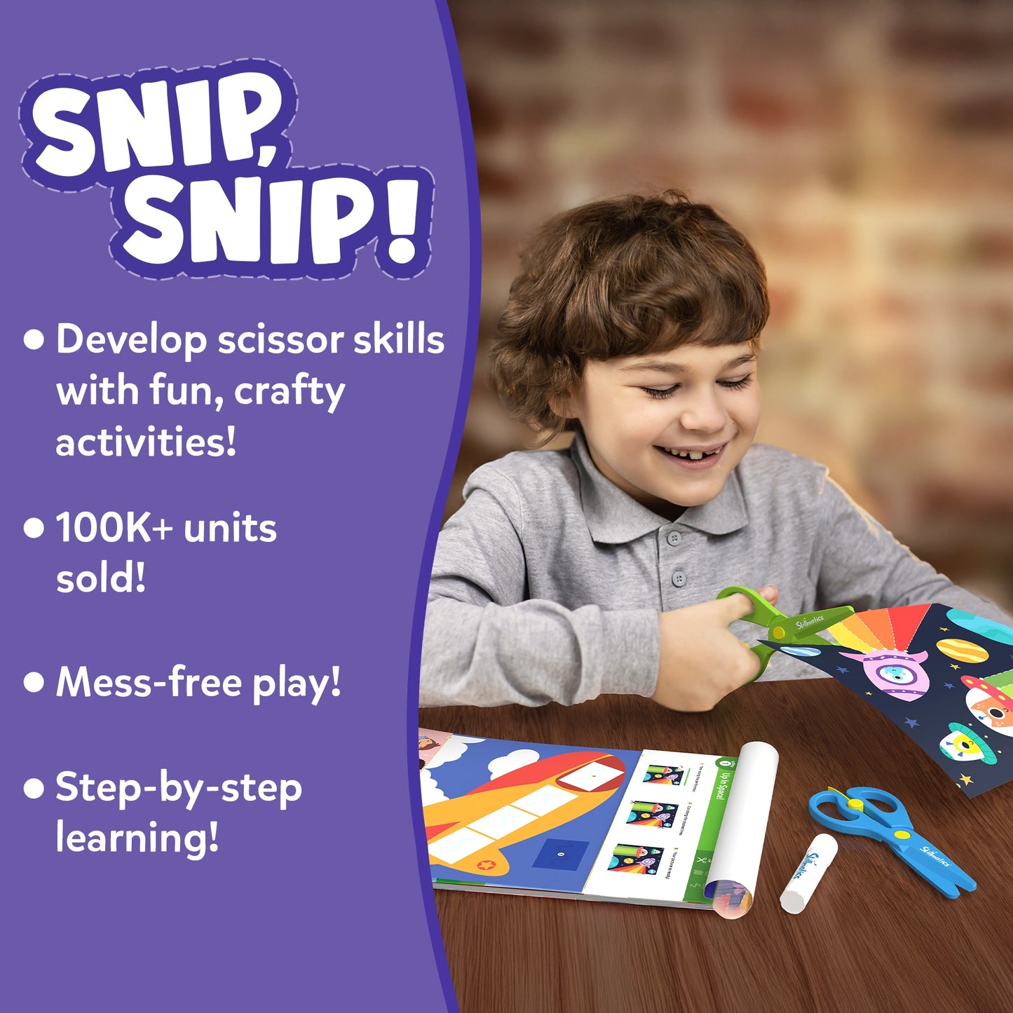 Child using scissors with educational materials, promotional text on a purple background