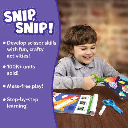 Child using scissors with educational materials, promotional text on a purple background
