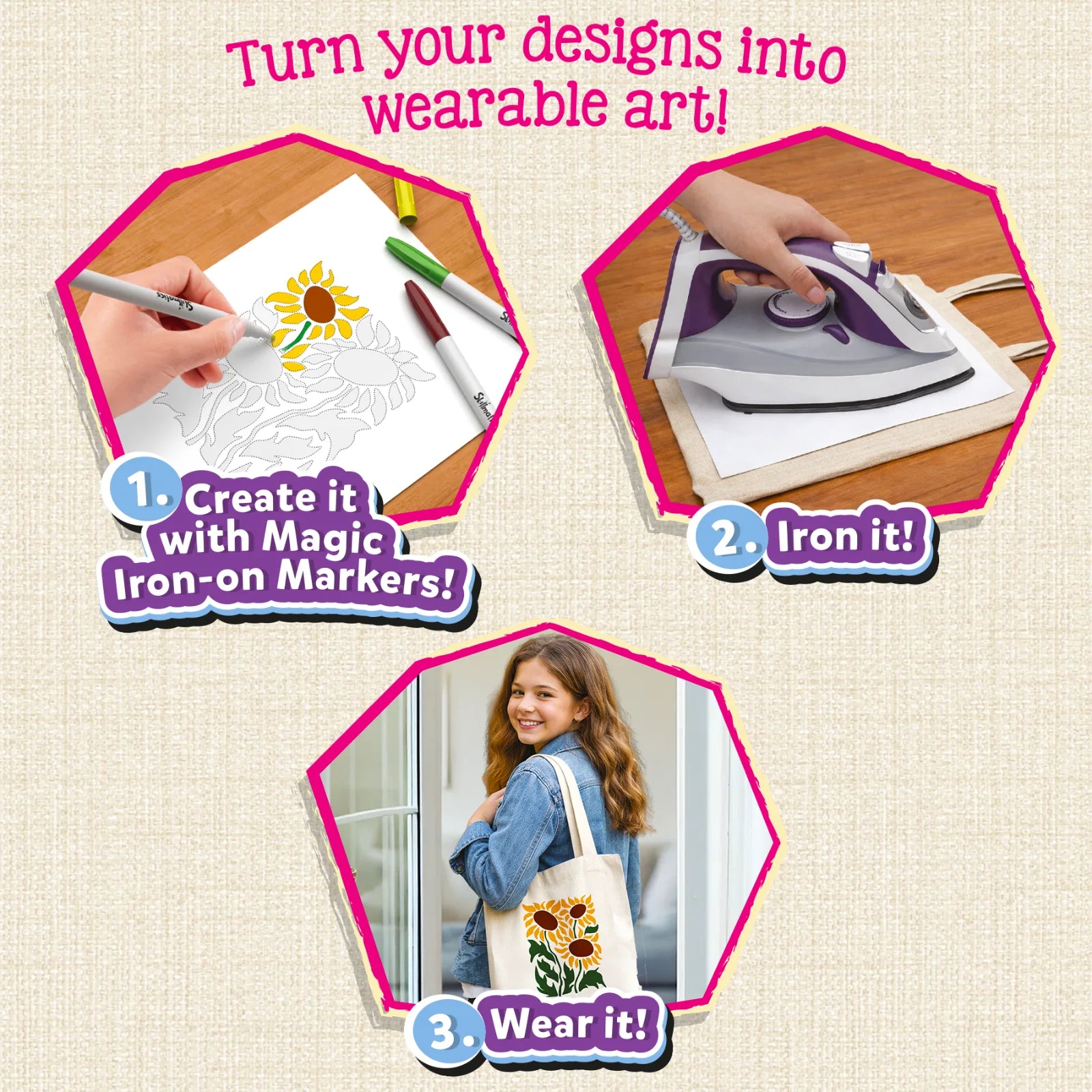 Three-step craft process for Skillmatics Iron-Its. Step 1: hand coloring a sunflower stencil with magic iron-on markers. Step 2: purple iron pressed onto paper on wooden surface. Step 3: smiling teen displays canvas tote bag with sunflower design. Text reads: Turn your designs into wearable art.