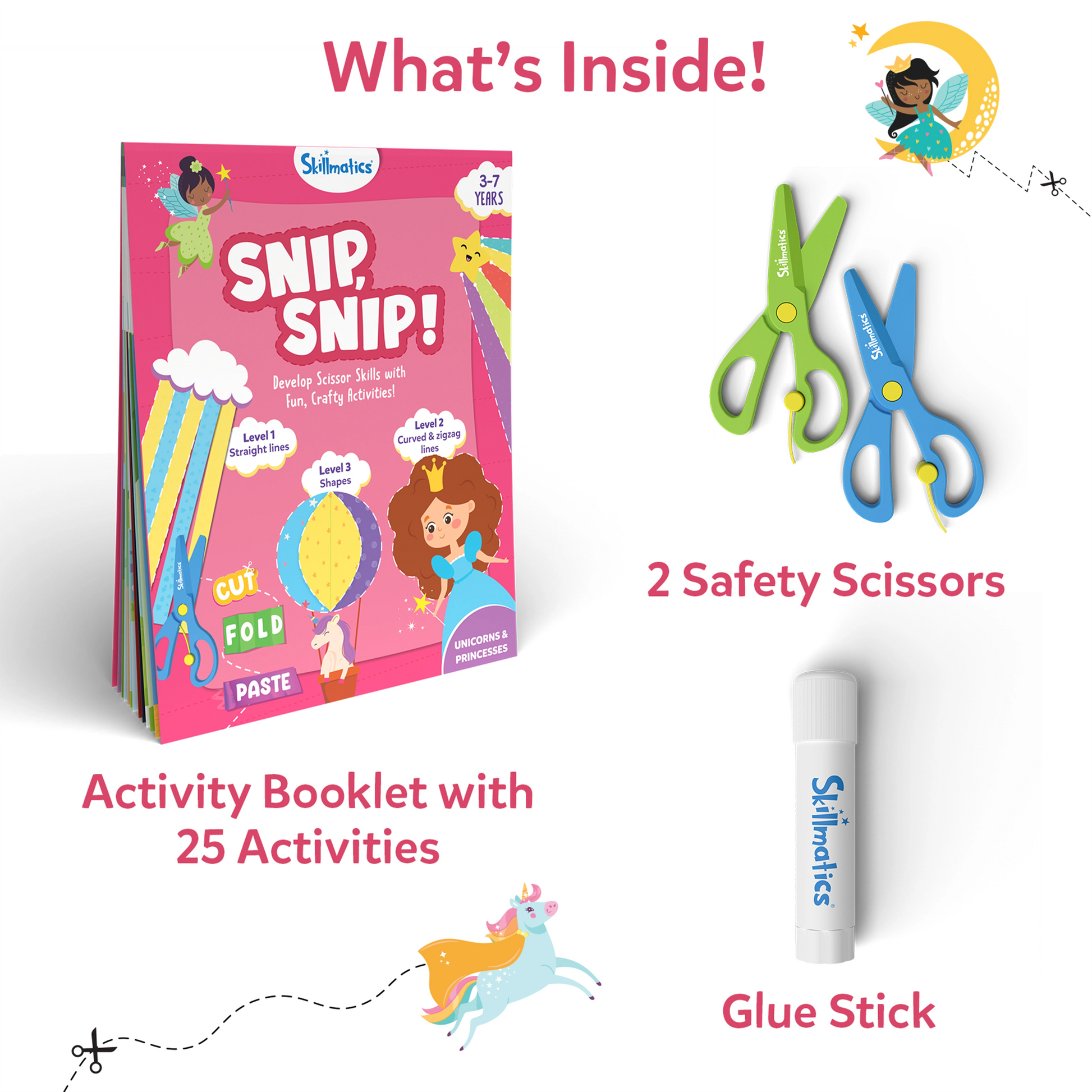 Children’s activity kit with Unicorn and Princess themes for ages 3-7 in Snip Snip collection