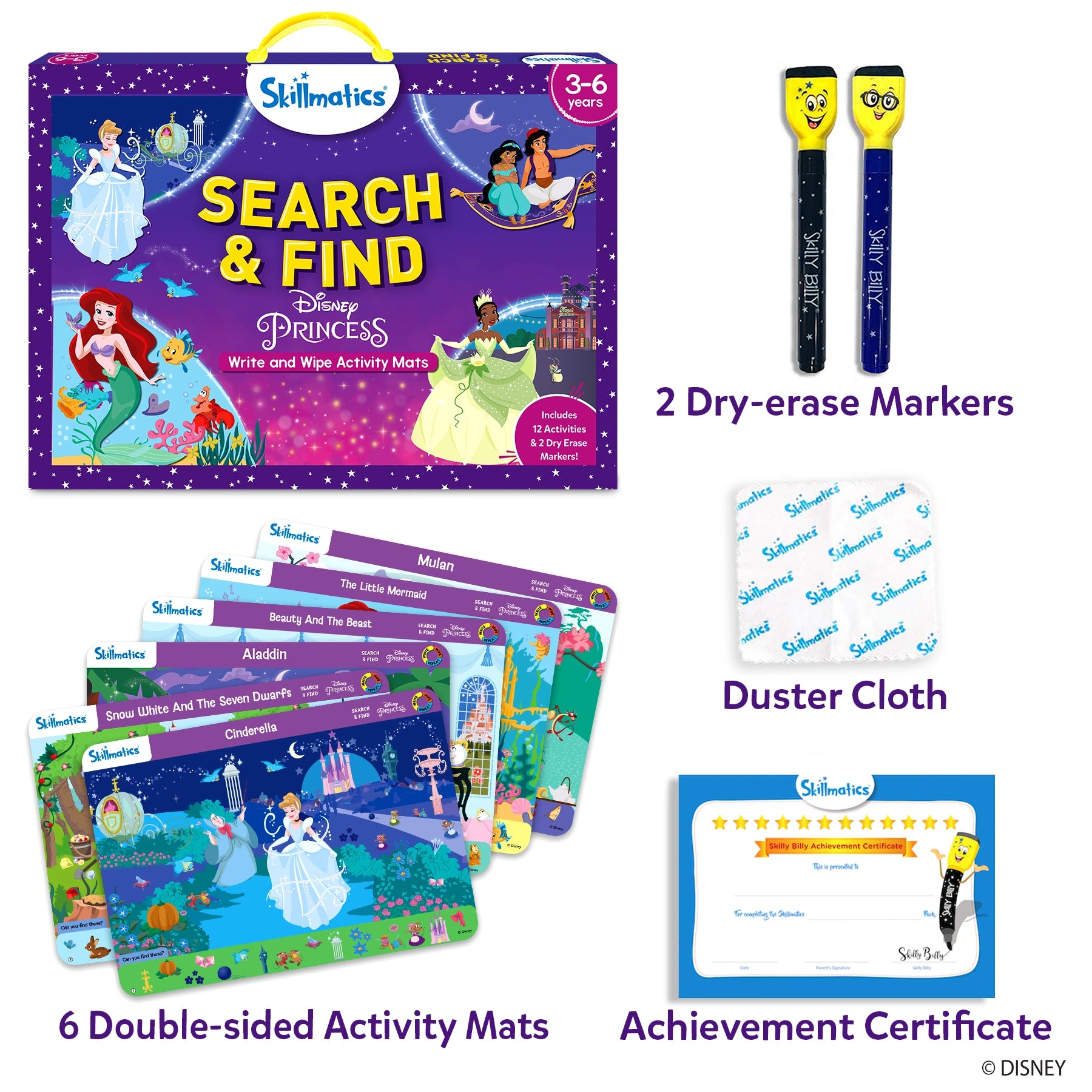 Disney Princess search and find activity set with reusable mats for kids ages 3-6