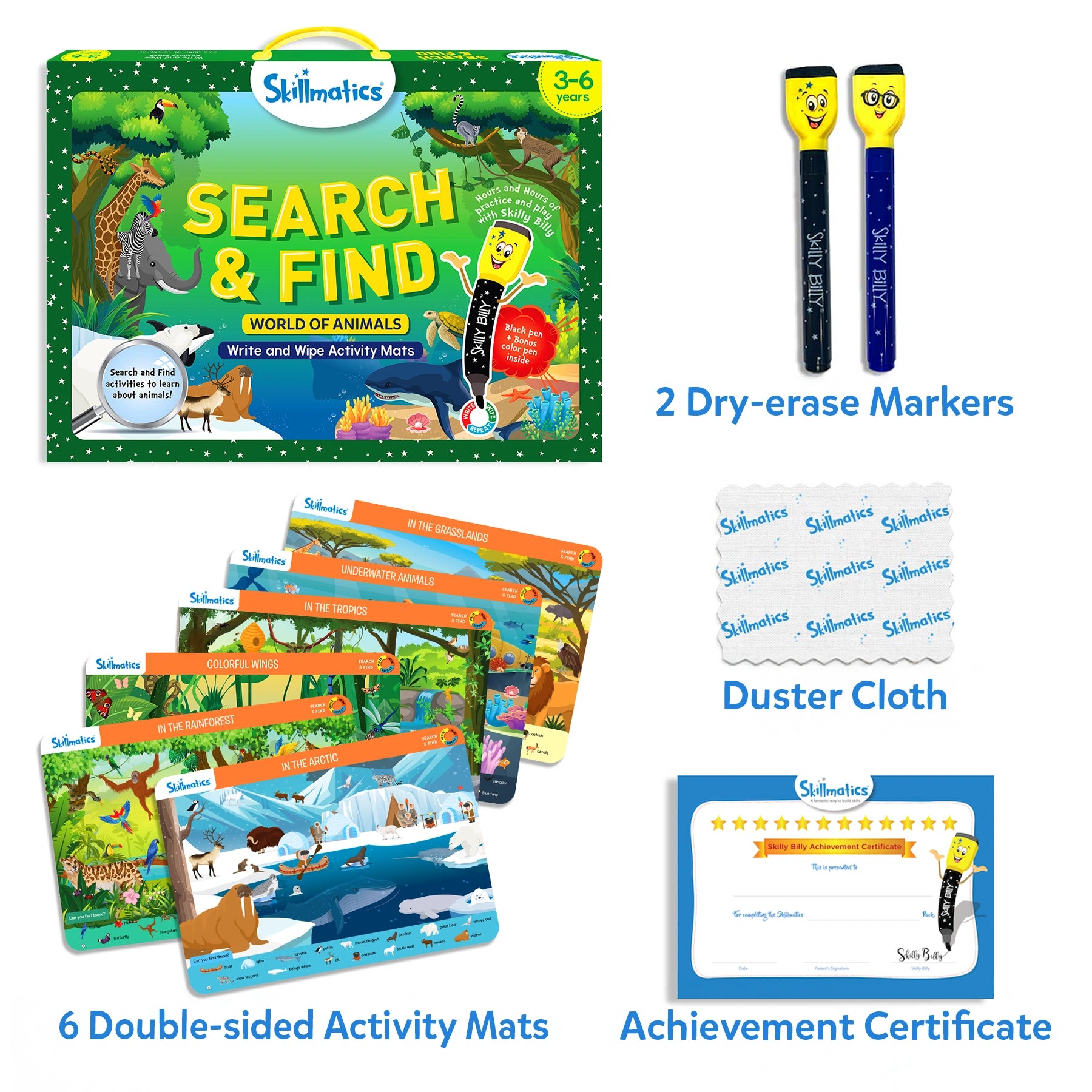 Children’s search and find activity set featuring world of animals reusable mats for ages 3-6
