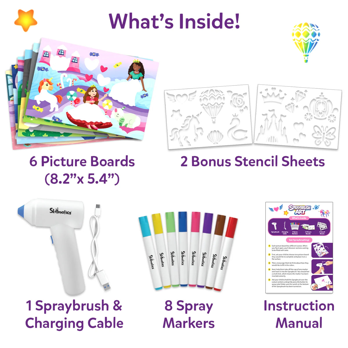 Skillmatics Spraybrush Art kit contents displayed on a white background, including six colourful unicorn and princess picture boards, two bonus stencil sheets with decorative shapes, one white spraybrush with charging cable, eight coloured spray markers and an instruction manual.
