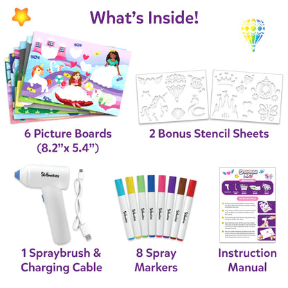 Skillmatics Spraybrush Art kit contents displayed on a white background, including six colourful unicorn and princess picture boards, two bonus stencil sheets with decorative shapes, one white spraybrush with charging cable, eight coloured spray markers and an instruction manual.