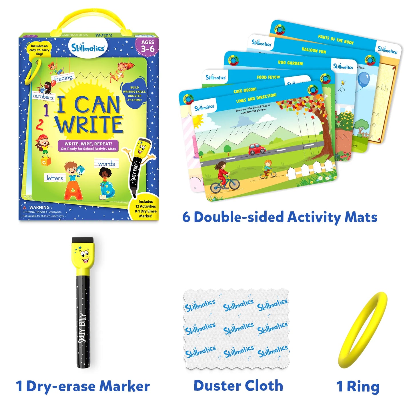 Skillmatics I Can Write kit contents displayed: 6 colorful double-sided reusable activity mats, 1 dry-erase marker, 1 duster cloth, and 1 carry ring. Packaging box also visible, showing product details for ages 3–6.