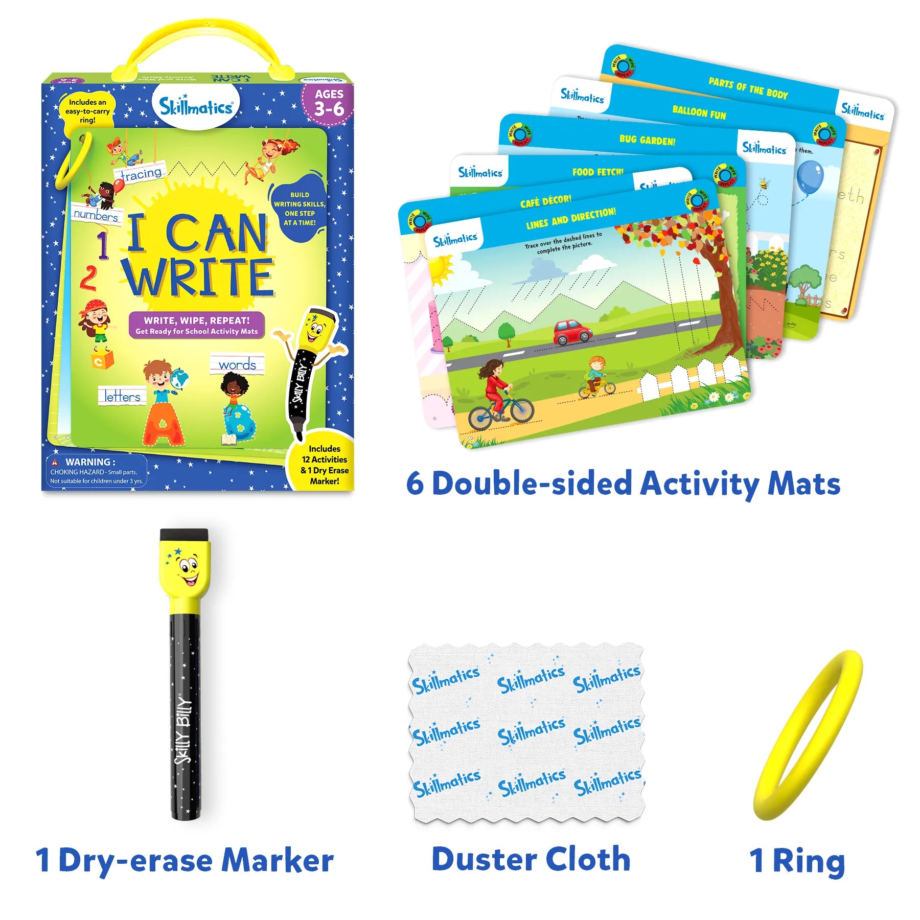 Skillmatics I Can Write kit contents displayed: 6 colorful double-sided reusable activity mats, 1 dry-erase marker, 1 duster cloth, and 1 carry ring. Packaging box also visible, showing product details for ages 3–6.