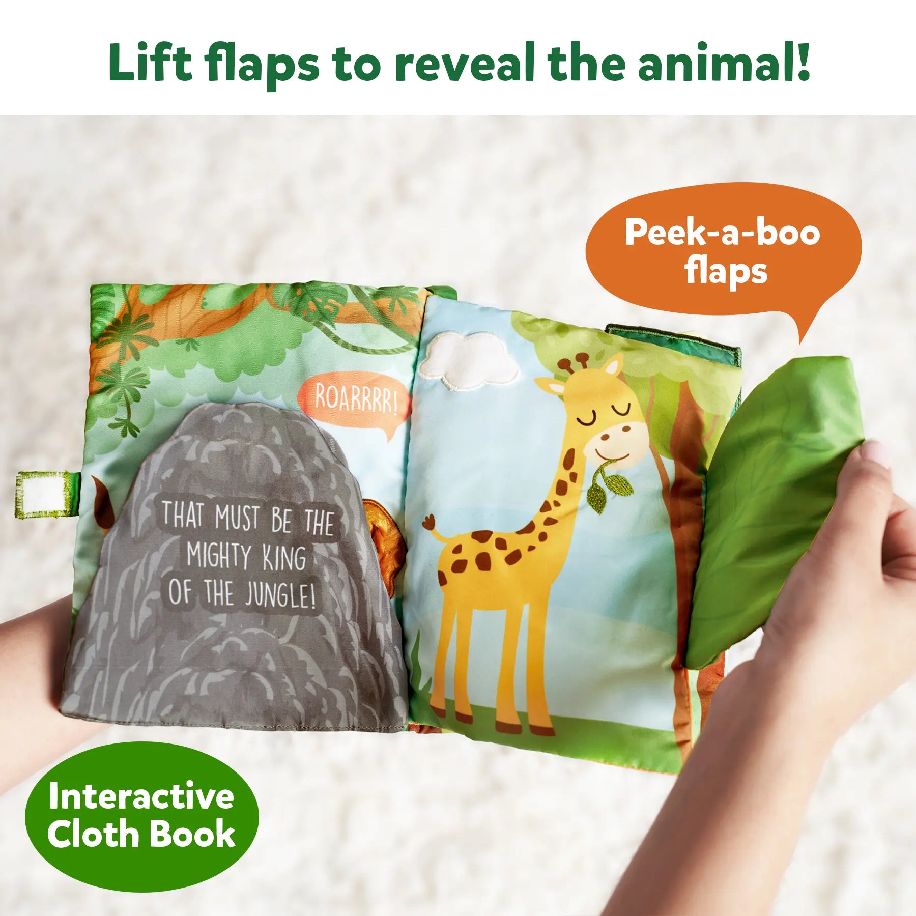 Interactive cloth book for babies with jungle theme from Peek-A-Boo series