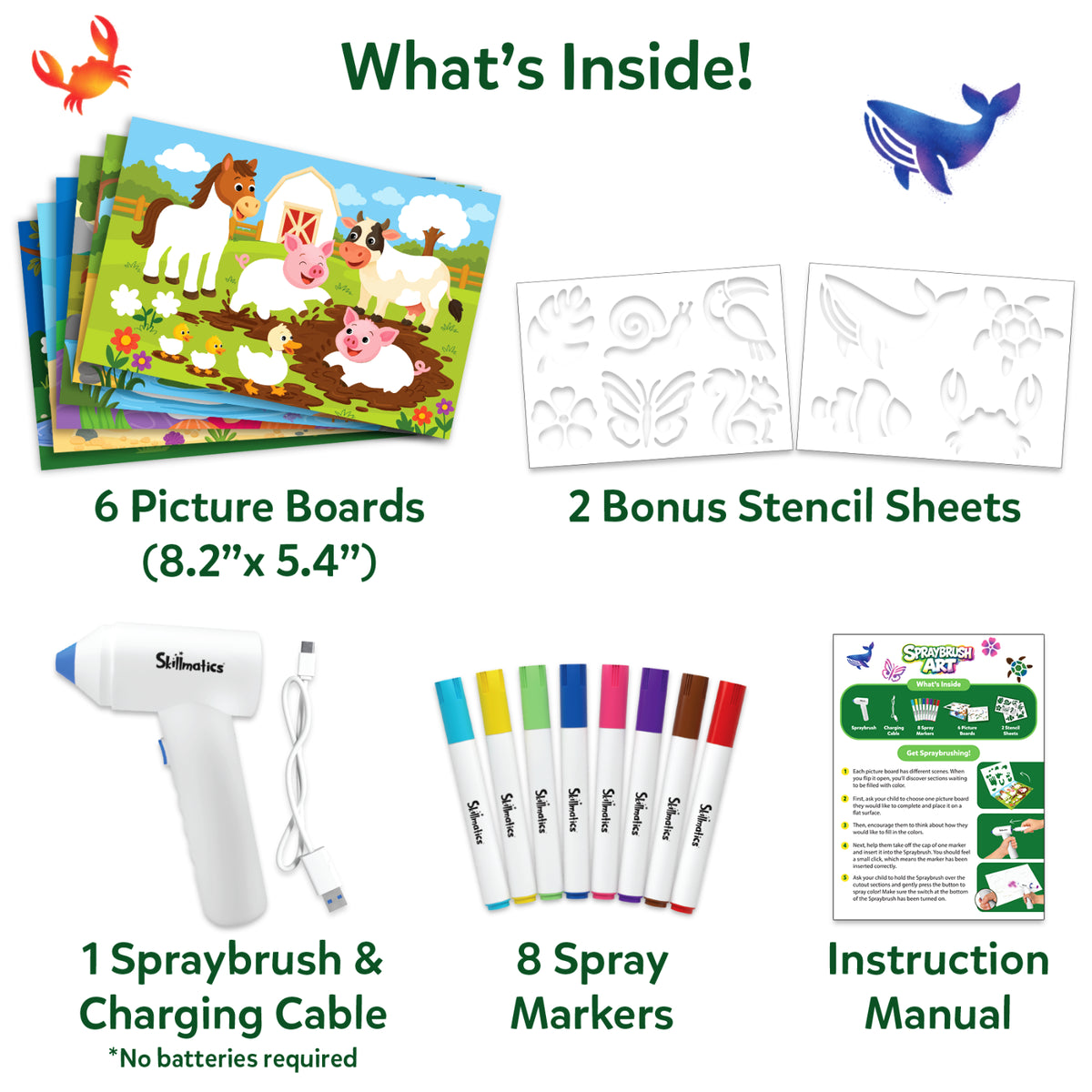 Skillmatics Spraybrush Art kit contents displayed on a white background, including 6 illustrated picture boards, 2 bonus stencil sheets, a white spraybrush with charging cable, 8 colorful spray markers and an instruction manual, with labels identifying each item and board dimensions.