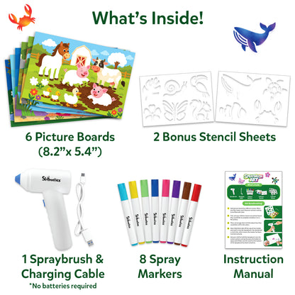 Skillmatics Spraybrush Art kit contents displayed on a white background, including 6 illustrated picture boards, 2 bonus stencil sheets, a white spraybrush with charging cable, 8 colorful spray markers and an instruction manual, with labels identifying each item and board dimensions.