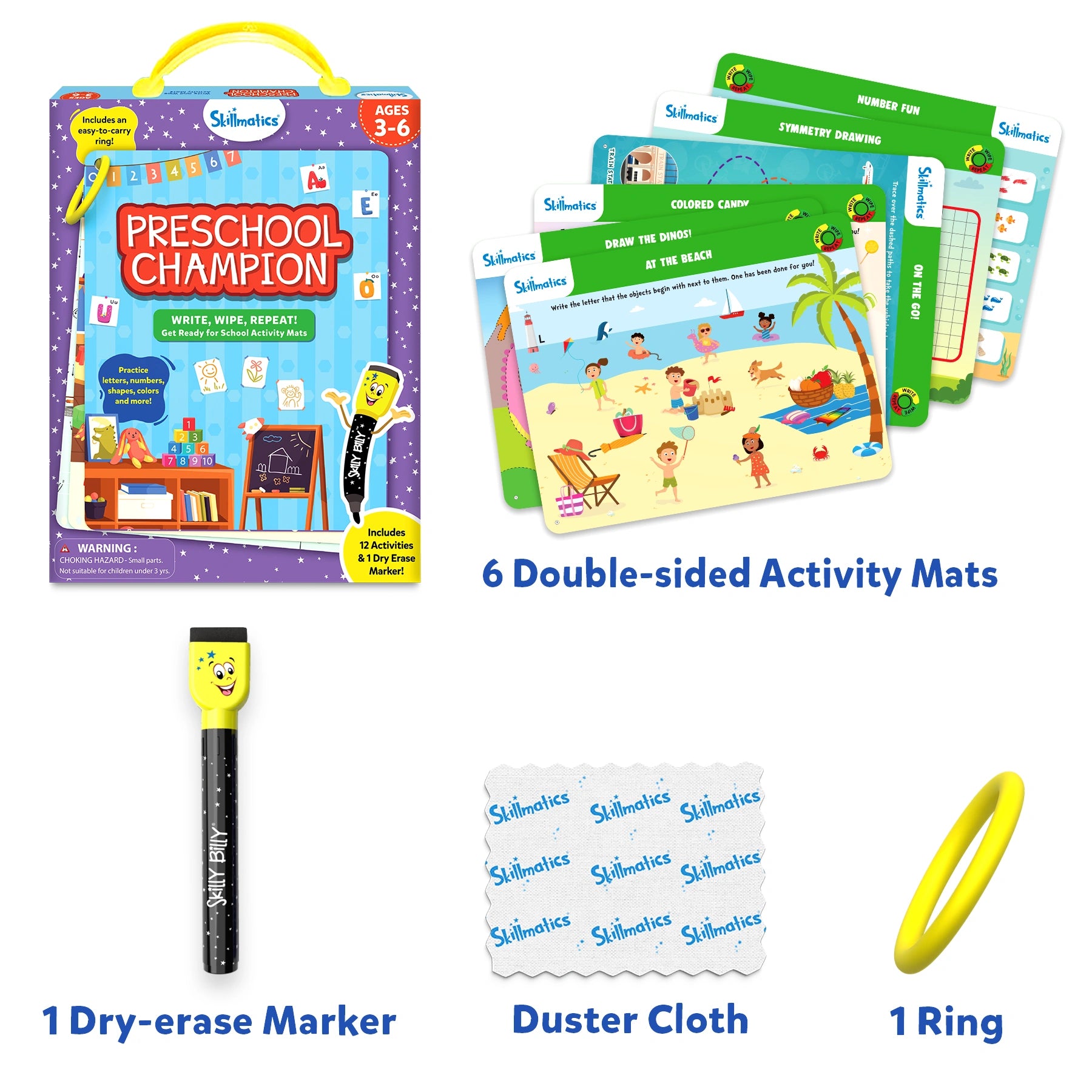 Flat lay of contents from Skillmatics Preschool Champion kit including the box, six double-sided activity mats with colorful illustrations, one yellow dry-erase marker, a Skillmatics-branded duster cloth, and one yellow ring.