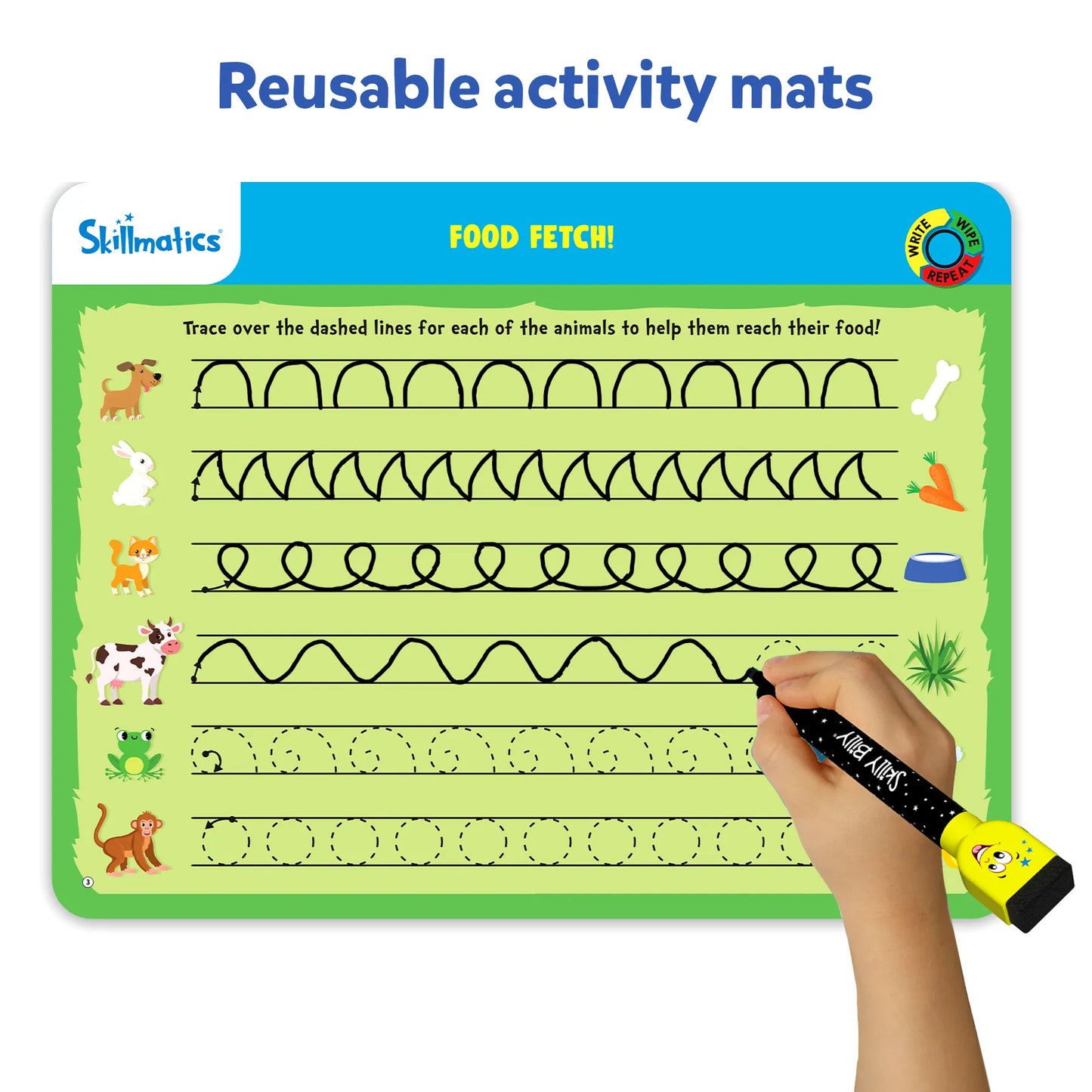 Reusable Skillmatics I Can Write activity mat titled “Food Fetch.” Children trace over dashed lines in various patterns to help animals like dogs, rabbits, cows, monkeys, and frogs reach their food. Designed for handwriting practice and motor skill development.