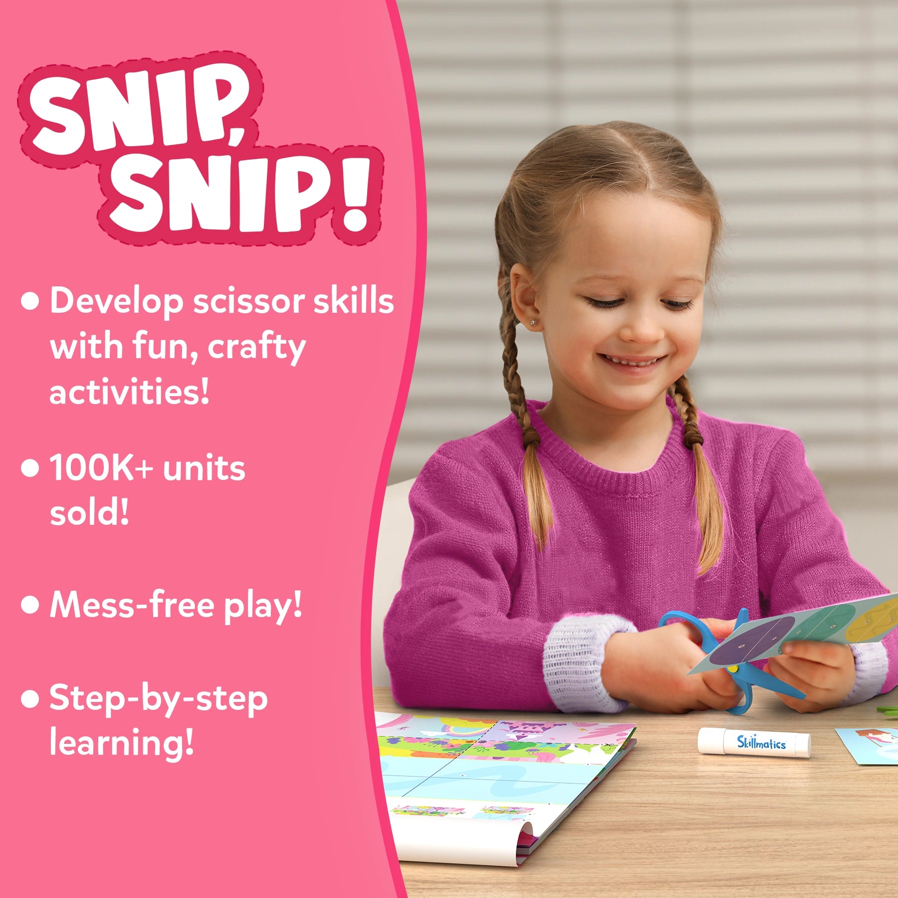 Young girl using scissors with educational materials, promotional text on pink background