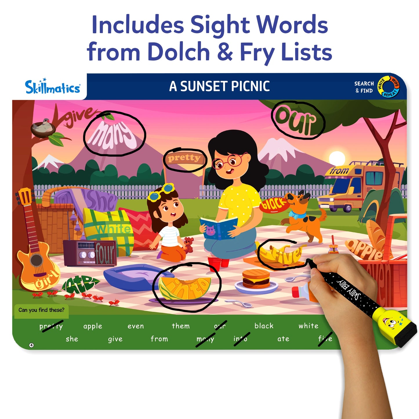Sight word learning game on reusable activity mats for ages 3 to 6