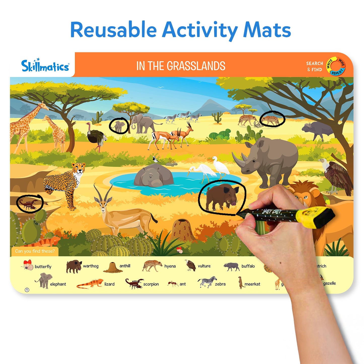 Reusable activity mat featuring grassland animals for ages 3 to 6