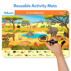 Reusable activity mat featuring grassland animals for ages 3 to 6