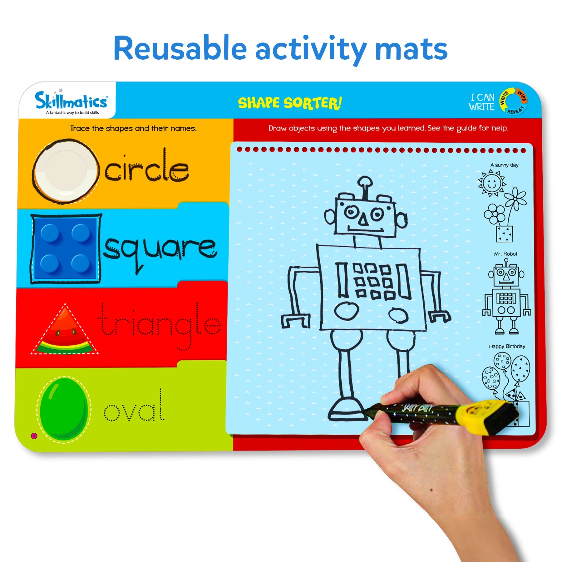Reusable shape-learning activity mat from I Can Write for ages 3 to 6