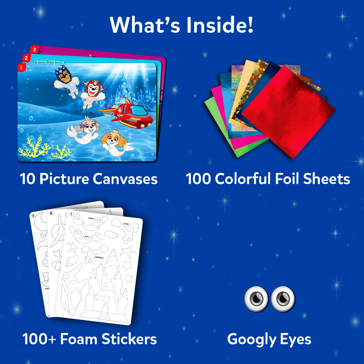 Children’s craft kit with canvases, foil sheets, foam stickers, and googly eyes