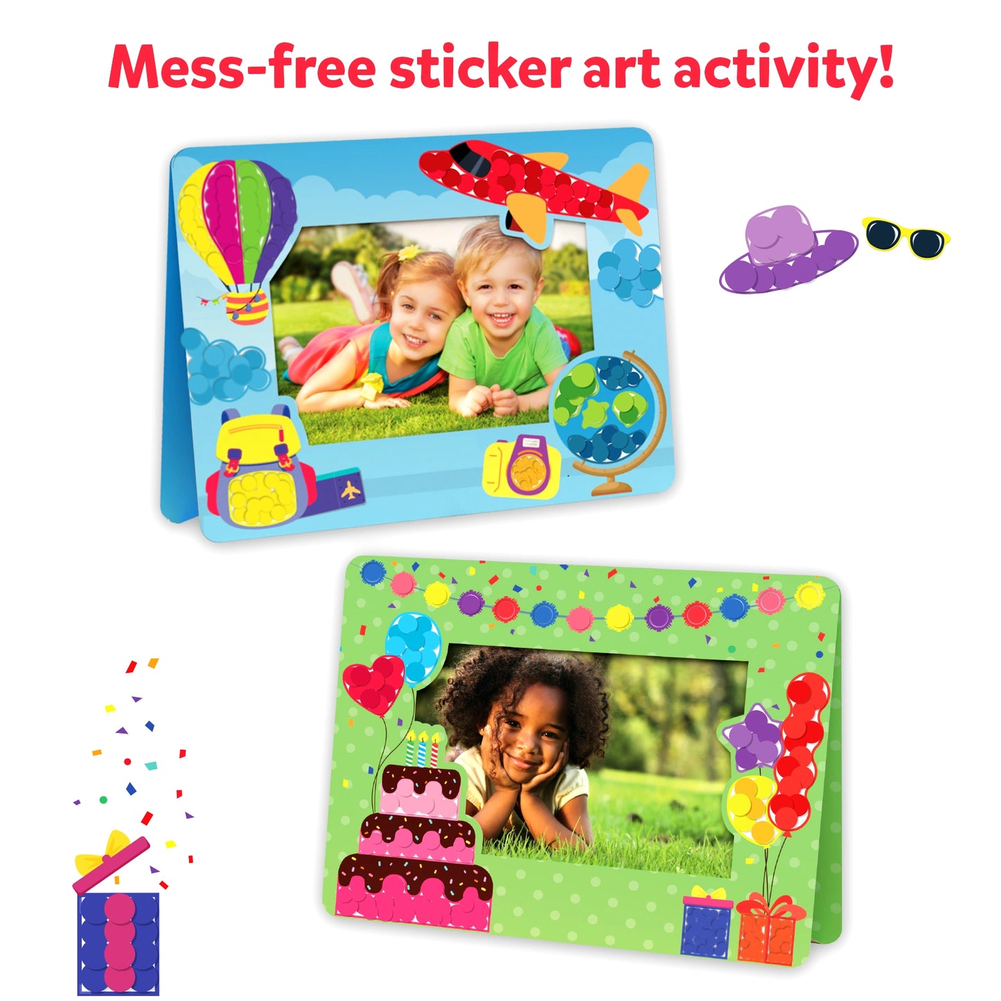 Decorated photo frames from Dot it! No mess sticker art for children ages 3-7