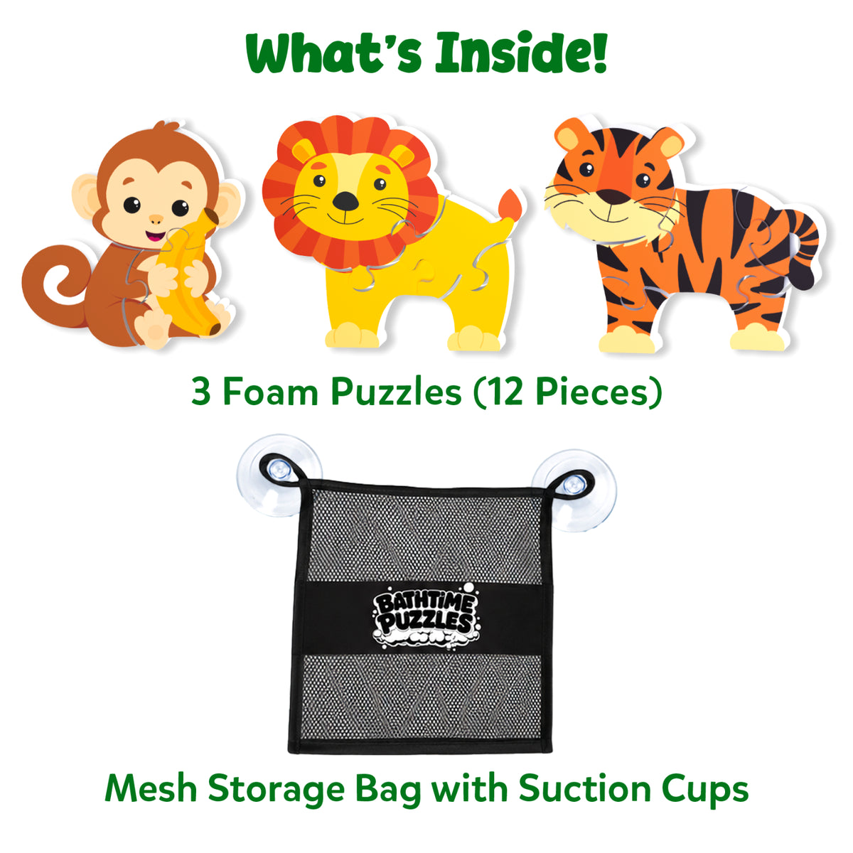 Contents of the Skillmatics Bathtime Puzzles set displayed on a white background, featuring three foam animal puzzles—a monkey, lion, and tiger—made up of 12 total pieces, along with a black mesh storage bag. The image clearly showcases every included component for easy product identification.