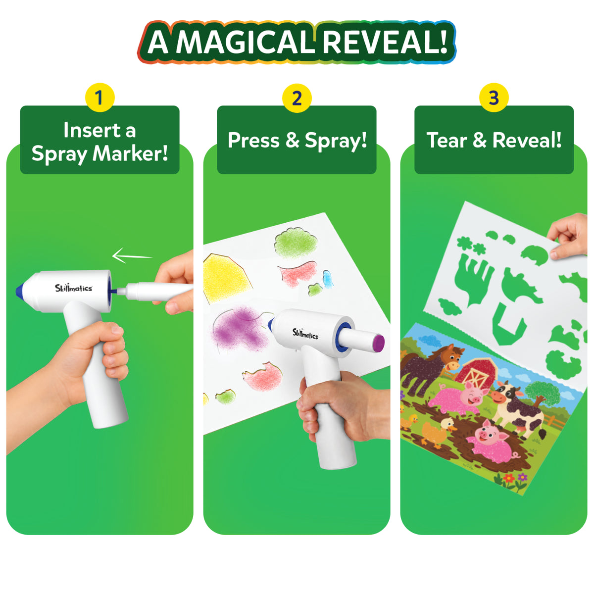 Skillmatics Spraybrush Art demonstration in three steps: insert a spray marker into the white spraybrush, press the button to spray color onto a stencil-covered picture board, then peel away the stencil to reveal colorful animal artwork. Green panels and numbered instructions explain the process.