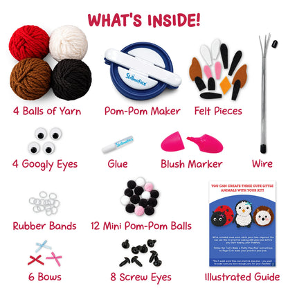 Skillmatics PomPals kit contents arranged on a white background in labelled groups: four yarn balls, pom-pom maker, felt pieces, googly eyes, glue, blush marker, wire, rubber bands, 12 mini pom-pom balls, six bows, eight screw eyes and an illustrated guide.
