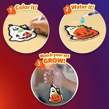 Three-step Aqua Puffs guide on a purple and red background: step 1, a hand colors a ghost hugging a jack-o-lantern with a marker; step 2, a water pen drips water so the foam piece puffs up; step 3, a hand holds the finished, raised ghost and pumpkin design as a gold keychain.