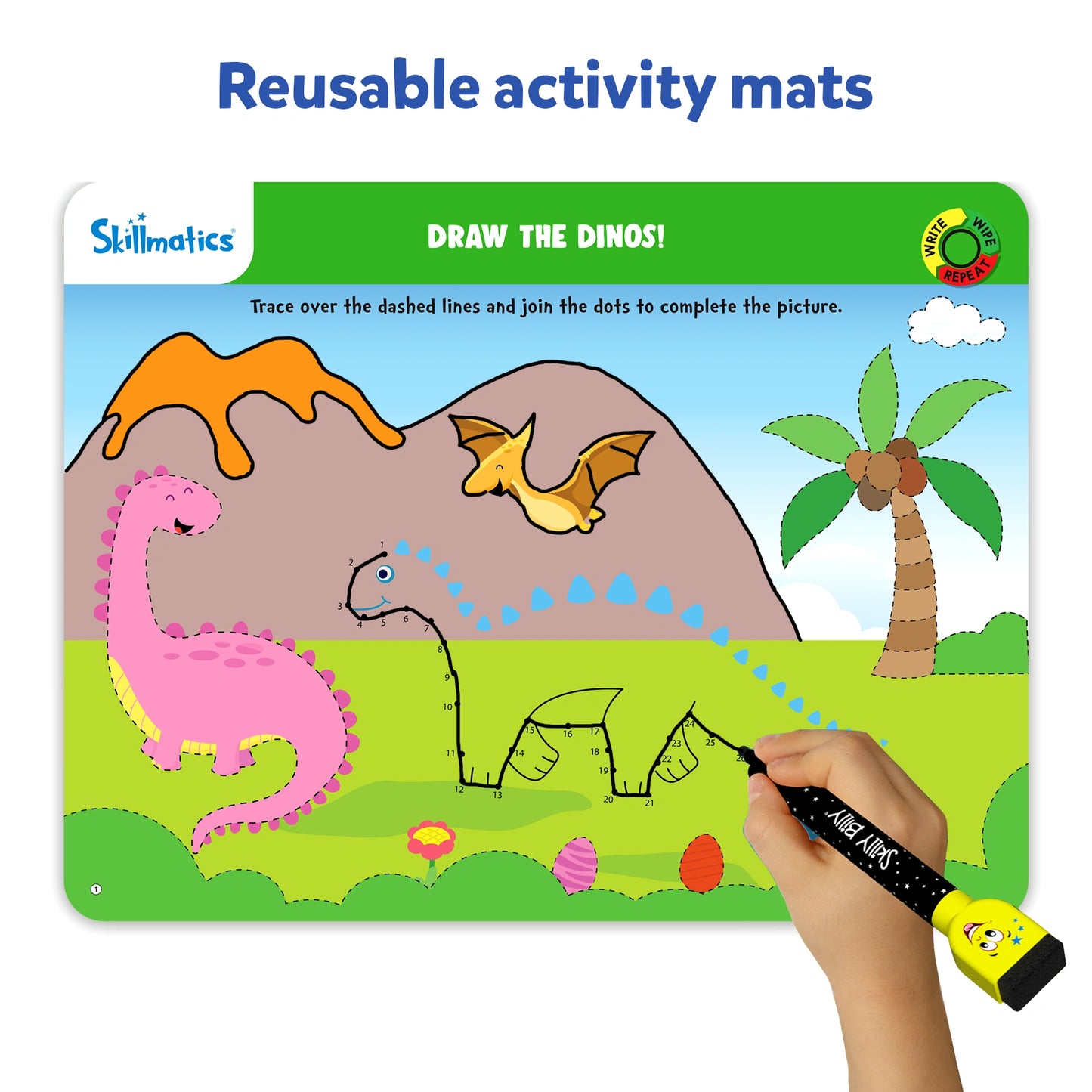 Reusable activity mat from Skillmatics Preschool Champion titled “Draw the Dinos.” The mat shows dinosaurs and a volcano background, with dashed lines and dots for children to trace and complete the picture using the dry-erase marker.