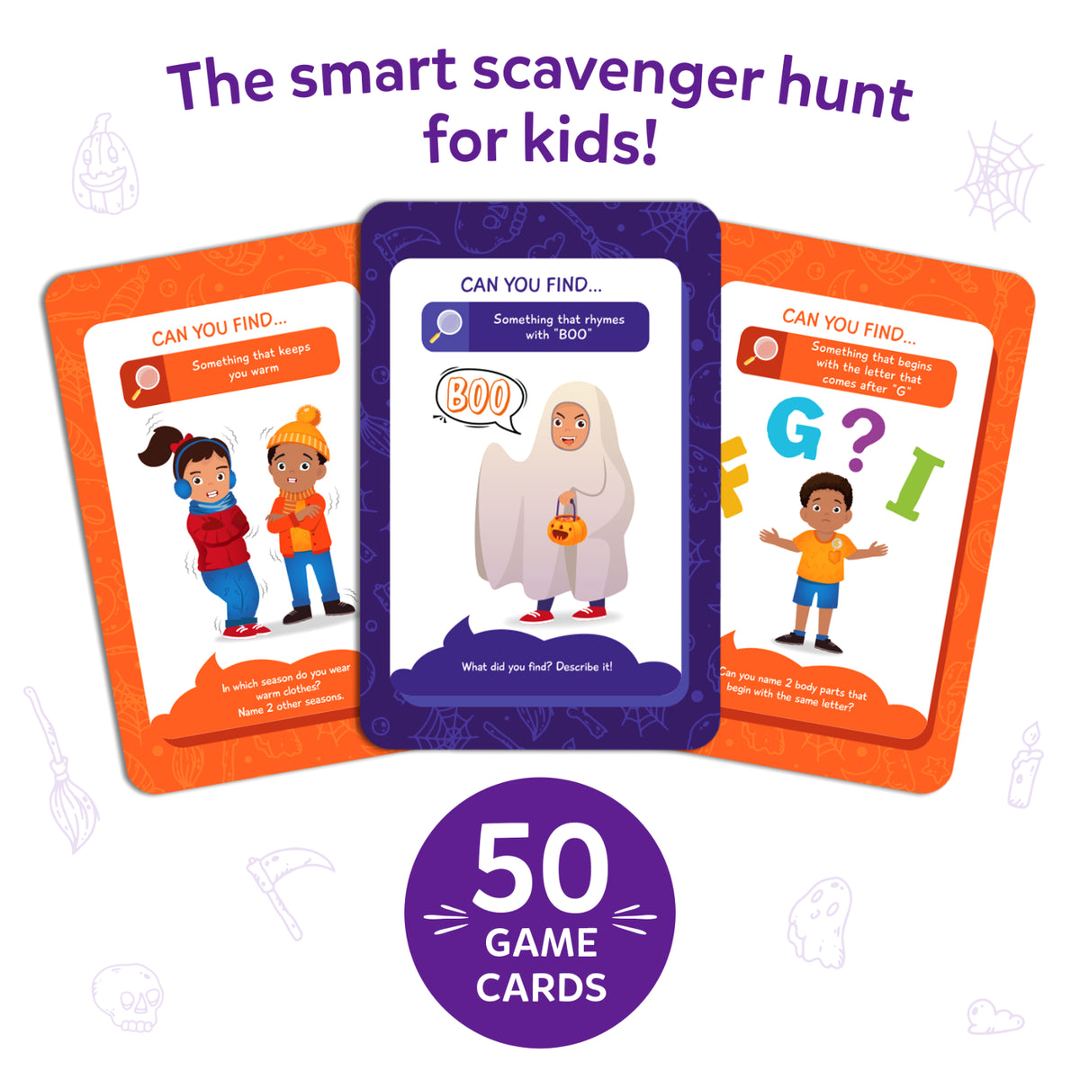 Colorful children’s game cards with illustrations and Can You Find prompts for Halloween