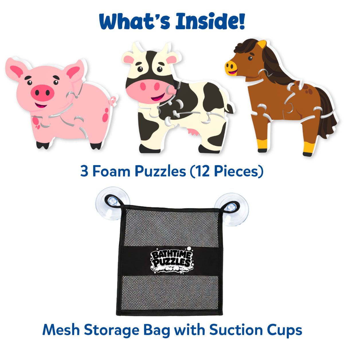 Contents of the Skillmatics Bathtime Puzzles set showing three foam farm animal puzzles—a pig, cow, and horse—with 12 total puzzle pieces and a reusable black mesh storage bag. The layout clearly displays everything included for bath time puzzle play and easy organization.