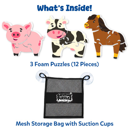 Contents of the Skillmatics Bathtime Puzzles set showing three foam farm animal puzzles—a pig, cow, and horse—with 12 total puzzle pieces and a reusable black mesh storage bag. The layout clearly displays everything included for bath time puzzle play and easy organization.