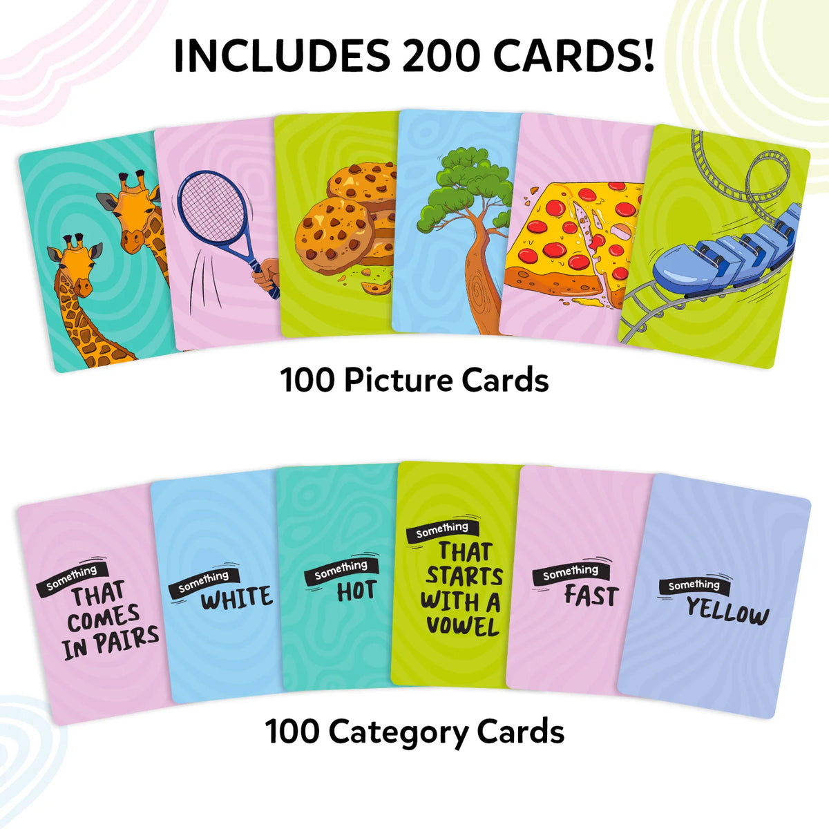 Skillmatics Cross Over contents overview displaying 200 cards in total. The image shows 100 picture cards featuring items such as giraffes, a tennis racket, cookies, a tree, pizza, and a roller coaster, alongside 100 category cards with prompts including colors, traits, letters, and matching concepts.